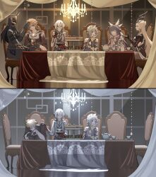  2boys 4girls alcohol arlecchino_(genshin_impact) big_itachi black_hair blonde_hair brown_hair capitano_(genshin_impact) chair chandelier closed_eyes colored_inner_hair columbina_(genshin_impact) cup dessert dining_room food genshin_impact highres holding holding_cup long_hair mask multicolored_hair multiple_boys multiple_girls on_chair orange_hair purple_hair sandrone_(genshin_impact) short_hair signora_(genshin_impact) table tartaglia_(genshin_impact) tea teacup veil white_hair wine 