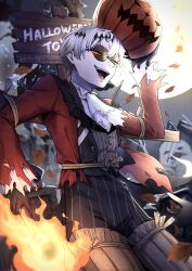  1boy ascot bad_id bad_twitter_id black_crown black_gloves colored_skin cosplay crown diamond_hairband fire formal_clothes full_moon gloves highres holding holding_pumpkin imoko_331 jack_skellington jack_skellington_(cosplay) jacket long_sleeves looking_at_another looking_at_viewer male_focus missing_tooth moon night night_sky open_mouth pinstripe_jacket pinstripe_pattern pinstripe_suit pinstripe_vest pumpkin round_eyewear short_hair skeleton skeleton_print skully_j._graves sky smile solo stitches striped_clothes striped_jacket striped_vest suit sunglasses the_nightmare_before_christmas torn_clothes twisted_wonderland vertical-striped_clothes vertical-striped_jacket vertical-striped_vest vest white_hair 