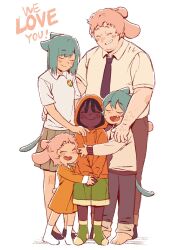  2girls 3boys 990shitpost anais_watterson animal_ears badge barefoot black_hair blue_hair blush button_badge cat_boy cat_ears cat_girl cat_tail child closed_eyes collared_shirt commentary_request dark-skinned_male dark_skin darwin_watterson dreadlocks dress english_text facial_mark family fang full_body group_hug gumball_watterson highres hood hood_up hoodie hug korean_commentary long_sleeves multiple_boys multiple_girls necktie nicole_watterson open_mouth own_hands_together personification pink_hair pleated_skirt rabbit_boy rabbit_ears rabbit_girl rabbit_tail richard_watterson shirt short_hair short_sleeves shorts skirt smile socks sweater tail teeth the_amazing_world_of_gumball upper_teeth_only whisker_markings 