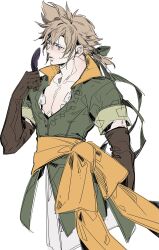  1boy alternate_costume belt black_feathers black_gloves black_jacket black_ribbon blonde_hair blue_eyes chocobobun cloud_strife cowboy_shot elbow_gloves feathers final_fantasy final_fantasy_vii gloves hair_between_eyes hair_ribbon highres holding holding_feather jacket low_ponytail male_focus orange_belt ponytail ribbon shirt short_hair short_sleeves solo spiky_hair white_background white_shirt 