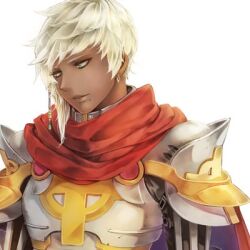  1boy armor blonde_hair breastplate cape commentary_request cross dark-skinned_male dark_skin earrings green_eyes jewelry kino_cozi lips looking_afar lowres male_focus mole mole_under_mouth official_alternate_costume pauldrons ragnarok_online red_cape rune_knight_(ragnarok_online) short_hair shoulder_armor solo upper_body white_background 