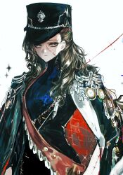  1girl absurdres black_coat black_dress black_hat brown_hair closed_mouth coat coat_on_shoulders corvus_(reverse:1999) dress expressionless grey_eyes hat highres long_hair looking_at_viewer peaked_cap pocket_watch red_sash reverse:1999 sash shoulder_sash solo stitched_arm stitched_face stitches upper_body watch weiyan_(nbnbmwnl) white_background 