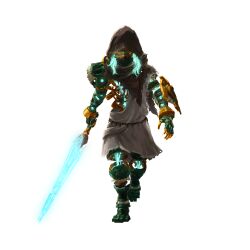  1other absurdres arm_shield artist_request blue_hair brown_capelet capelet energy_sword full_body glowing glowing_eyes glowing_hair highres holding holding_sword holding_weapon hood hood_up hooded_capelet humanoid_robot hyrule_warriors:_age_of_imprisonment looking_at_viewer mysterious_construct official_art orange_pupils other_focus robot simple_background solo standing straight-on sword the_legend_of_zelda the_legend_of_zelda:_tears_of_the_kingdom toga torn_capelet torn_clothes transparent_background walking walking_towards_viewer weapon yellow_eyes 