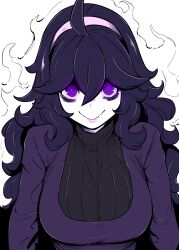  1girl absurdres ahoge alternate_breast_size_(larger) aura black_hair breasts commentary curly_hair dress english_commentary glowing glowing_eyes hairband hex_maniac_(pokemon) hex_maniac_(pokemon_xy) highres large_breasts long_sleeves lughost pink_hairband pink_lips pokemon pokemon_xy smile solo turtleneck turtleneck_dress upper_body violet_eyes 