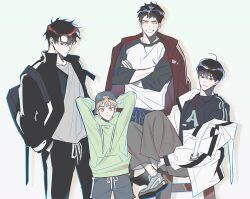  4boys :/ :d alternate_costume arms_behind_back backpack backwards_hat bag baseball_cap black_hair black_jacket black_shirt blonde_hair crossed_ankles crossed_arms full_body green_hoodie grin group_picture hat hinizana hood hoodie jacket jacket_on_shoulders kim_dokja knees_up lee_gilyoung lee_hyunsung light_smile looking_at_viewer multiple_boys omniscient_reader&#039;s_viewpoint shirt shoes short_hair sitting smile sneakers stool striped_clothes two-tone_shirt white_jacket white_shirt yoo_joonghyuk 