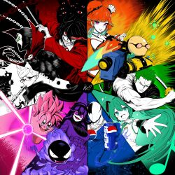  absurdres aiming alternate_breast_size_(larger) alucard_(hellsing) aqua_eyes aqua_hair ayase_seiko baseball_bat beamed_eighth_notes breasts can chain cigarette coat color_wheel_challenge commando_(risk_of_rain) commentary cosplay crazy_grin crazy_smile dandadan detached_sleeves dragon_ball dragon_ball_super dress drink_can energy_ball english_commentary evil_smile flaming_eye gastly glasses goku_black goku_black_(cosplay) gradient_hair green_eyes green_hair grey_eyes gun hatsune_miku hellsing helmet hex_maniac_(pokemon) hex_maniac_(pokemon_xy) highres holding holding_baseball_bat holding_gun holding_sword holding_weapon hololive hololive_english jacket kirby kirby_(series) large_breasts lughost multicolored_hair multiple_drawing_challenge multiple_hats muscular muscular_male musical_note number_tattoo one_eye_closed one_piece orange_hair pepsi pepsiman pepsiman_(game) pink_hair pokemon pokemon_(creature) pokemon_xy purple_dress purple_hair reaching reaching_towards_viewer red_coat red_eyes risk_of_rain_(series) risk_of_rain_2 roronoa_zoro scar scar_across_eye scar_on_face scarf shirt shoulder_tattoo sixteenth_note sleeveless sleeveless_shirt smile soda_can spawn_(comic) spawn_(spawn) sunglasses super_saiyan super_saiyan_rose superhero_costume sword takanashi_kiara tattoo twintails violet_eyes virtual_youtuber vocaloid weapon 