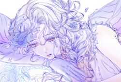  artist_name blue_flower braid bug butterfly butterfly_hair_ornament chinese_commentary commentary_request curtained_hair dress elbow_gloves facial_mark falling_petals flower gloves hair_flower hair_ornament hair_over_one_eye highres identity_v liuyan_hz long_hair looking_at_mirror lying mirror mole mole_under_eye on_side petals pink_lips purple_dress purple_gloves see-through_clothes see-through_gloves shirt short_sleeves single_elbow_glove vera_nair vera_nair_(mnemosyne&#039;s_dream) wavy_hair yellow_eyes 