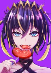  1girl absurdres blonde_streaks blue_eyes candy choppy_bangs collarbone commentary criss-cross_halter criss-cross_straps eating english_commentary fangs food food_in_mouth hair_between_eyes halterneck hand_up highres holding holding_candy holding_food karan_koron100 looking_at_viewer multicolored_hair open_mouth original portrait purple_background purple_hair short_hair simple_background solo straight-on streaked_hair 