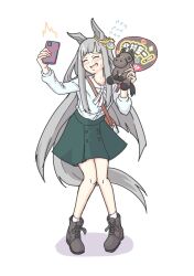  1girl animal_ears blunt_bangs blush breasts casual cellphone chrono_genesis_(umamusume) embarrassed full_body grey_hair hair_between_eyes hair_ornament holding horse_ears horse_girl horse_tail inuken_(nicoseiga917125) looking_at_viewer open_mouth phone selfie small_breasts solo standing sweatdrop tail umamusume white_background 