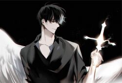  1boy black_eyes black_hair black_shirt collared_shirt feathered_wings glowing hand_up hinizana holding holding_sword holding_weapon kim_dokja looking_at_object male_focus omniscient_reader&#039;s_viewpoint shirt short_hair smile solo sword upper_body weapon white_wings wings 