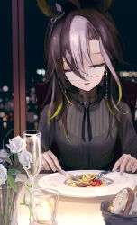  1girl absurdres ahoge animal_ears black_dress blonde_hair bread brooch brown_hair closed_eyes cup cutlery dream_journey_(casual)_(umamusume) dream_journey_(umamusume) dress drinking_glass ear_ornament eating eyewear_strap flower food fork fruit glasses grey_hair hair_between_eyes herb highres holding holding_fork holding_knife holding_utensil horse_ears horse_girl jewelry knife lemon lemon_slice long_hair long_sleeves multicolored_hair night plate rose seikatsu single_hair_intake solo streaked_hair tomato tomato_slice umamusume upper_body white_flower white_rose wine_glass 
