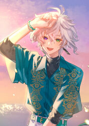  1boy absurdres ahoge alternate_costume bead_bracelet beads belt black_shirt blue_shirt bracelet collared_shirt commentary_request cowboy_shot earrings green_belt green_eyes hanafuda_earrings heterochromia highres jewelry looking_at_viewer male_focus matochi_(fa) murakumo_kagetsu nijisanji ocean open_mouth outdoors panties patterned_clothing pink_sky purple_sky shading_eyes shirt short_hair short_sleeves single_earring sky smile solo undershirt underwear upper_body violet_eyes virtual_youtuber white_hair white_panties 