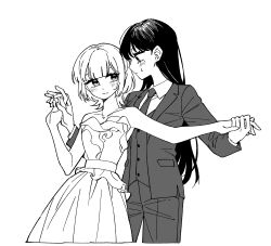  2girls bang_dream! bang_dream!_it&#039;s_mygo!!!!! bare_arms blush closed_mouth collared_shirt commentary_request dress greyscale highres holding_hands interlocked_fingers jewelry kaname_raana korean_commentary long_hair medium_hair monochrome multiple_girls necklace necktie neonfloyd pants shiina_taki shirt smile strapless strapless_dress suit sweat vest waistcoat wolf_cut yuri 