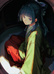  1girl 96yottea absurdres aoqun beads chinese_clothes freckles green_hair green_hanfu hair_beads hair_ornament half_updo hanfu highres kusuriya_no_hitorigoto light_smile long_hair looking_at_viewer maomao_(kusuriya_no_hitorigoto) sitting solo violet_eyes 