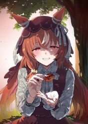  1girl animal_ears blush breasts brown_hair casual collarbone commentary_request food grass horse_ears horse_tail incoming_food long_hair open_mouth pov sky solo starheart still_in_love_(umamusume) tail tree umamusume veil 