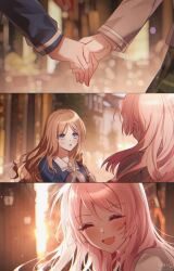  2girls bang_dream! bang_dream!_it&#039;s_mygo!!!!! blue_shirt blurry blurry_background blush brown_hair chihaya_anon closed_eyes commentary english_commentary grey_jacket grey_neckerchief haneoka_school_uniform highres holding_hands jacket light_particles long_hair long_sleeves multiple_girls nagasaki_soyo neckerchief open_mouth pink_hair school_uniform shirt sidelocks soha_blan tsukinomori_school_uniform yuri 