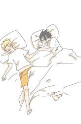  2boys arm_behind_head barefoot black_hair blonde_hair blush closed_eyes crew_neck facial_mark holding_hands lying male_focus male_underwear midriff multiple_boys naruto_(series) navel ns_ichiban on_back on_side open_mouth orange_male_underwear pillow shirt short_sleeves sleeping spiky_hair t-shirt teeth uchiha_sasuke under_covers underwear uzumaki_naruto whisker_markings white_background white_shirt 