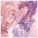  blonde_hair blue_bow blue_bowtie bow bowtie frown gochuumon_wa_usagi_desu_ka? hair_between_eyes hair_ornament hairclip hetareeji hoto_cocoa kabedon long_hair long_sleeves purple_hair rabbit_house_uniform red_bow red_bowtie shirt signature simple_background sweatdrop tedeza_rize twintails vest white_shirt 