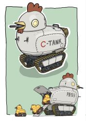  animal-themed_vehicle baby_animal bilingual_commentary bird cannon caterpillar_tracks chick chicken english_commentary gatling_santouhei hatch highres military_vehicle mixed-language_commentary motor_vehicle multiple_views no_humans original tank tank_turret vehicle_focus 