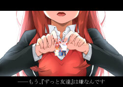  1girl black_jacket blazer collared_shirt commentary_request go-toubun_no_hanayome holding holding_photo jacket letterboxed long_hair nakano_itsuki open_mouth photo_(object) red_hair red_sweater_vest school_uniform shirt simple_background solo sweater_vest tearing_paper translation_request uesugi_fuutarou uesugi_raiha white_background white_shirt winter_uniform yakutashi 
