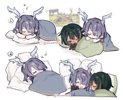  2girls antlers blanket cat chibi chibi_only commentary curled_horns deer_antlers deer_girl english_commentary genshin_impact green_eyes green_hair hair_over_one_eye highres horns lauma_(genshin_impact) mole mole_under_eye multiple_girls nefer_(genshin_impact) nonons photo_inset pillow pointy_ears purple_hair sleeping sweat zzz 