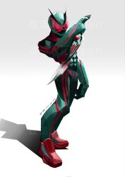  1boy armor black_bodysuit bodysuit full_body green_armor green_helmet helmet highres holding holding_sword holding_weapon kamen_rider kamen_rider_zeztz kamen_rider_zeztz_(series) male_focus penpenhuihui red_eyes shadow simple_background solo sword tokusatsu weapon white_background 