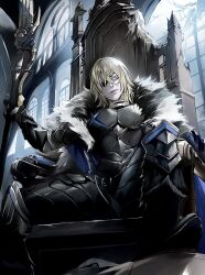 1boy areadbhar_(fire_emblem) blonde_hair blue_eyes dimitri_alexandre_blaiddyd dimitri_alexandre_blaiddyd_(timeskip) eyepatch fire_emblem fire_emblem:_three_houses fur_trim highres holding holding_polearm holding_weapon male_focus polearm sitting_on_throne solo throne weapon zat_296 