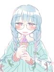  1girl :d blue_hair blue_sweater blush braid cha_ipride food glasses hair_over_shoulder hair_tie half-closed_eyes highres holding holding_food holding_ice_cream hyodou_shizuku ice_cream idoly_pride long_bangs long_sleeves multicolored_hair open_mouth own_hands_together pink_hair red_eyes ribbed_sweater simple_background smile solo straight-on streaked_hair sweater twin_braids upper_body white_background 