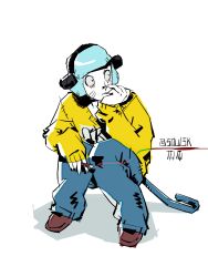  1boy animal_ears black_eyes blue_hair cigarette facial_mark fake_animal_ears fake_tail full_body hashtag-only_commentary highres holding holding_cigarette joint_(drug) looking_to_the_side male_focus nyon_(randal's_friends) randal's_friends short_hair simple_background soulsk squatting sweater tail whisker_markings white_background yellow_sweater 