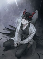  1boy black_hair black_shirt black_wings coat collared_shirt colored_veins cracked_skin demon_horns falling_feathers feathered_wings feathers from_above hands_on_lap highres hinizana horns kim_dokja male_focus official_alternate_costume omniscient_reader&#039;s_viewpoint open_clothes open_coat popped_collar rain red_eyes shirt short_hair sitting solo white_coat wings 