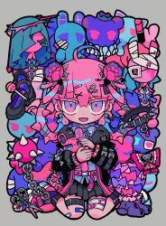  1girl ball_and_chain_(weapon) bandaid bandaid_on_leg black_jacket black_skirt candy collar fangs flower food hair_flower hair_ornament highres holding holding_stuffed_toy jacket lollipop looking_at_viewer miniskirt open_mouth original pink_hair pleated_skirt shoes sitting skirt solo spike_ball spiked_collar spikes stuffed_animal stuffed_rabbit stuffed_toy teddy_bear terada_tera thigh_strap unworn_collar unworn_shoes wariza weapon 