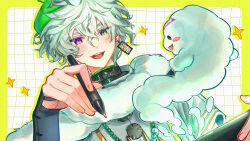  1boy absurdres black_shirt border clouds commentary_request drawing_tablet drop_shadow earrings fur_collar green_eyes green_hat grid_background hanafuda_earrings hat heterochromia highres holding holding_drawing_tablet holding_pen japanese_clothes jewelry kariginu male_focus matochi_(fa) murakumo_kagetsu murakumo_kagetsu_(1st_costume) nijisanji pen shirt short_sleeves simple_background single_earring solo sparkle undershirt upper_body violet_eyes virtual_youtuber watakumo_(murakumo_kagetsu) white_background white_hair white_shirt yellow_border 