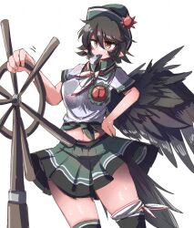  1girl alternate_hair_length alternate_hairstyle bird_wings black_hair black_thighhighs black_wings cosplay eye20806972 green_hat green_skirt hat highres murasa_minamitsu murasa_minamitsu_(cosplay) pointy_ears red_eyes reiuji_utsuho rudder shirt short_hair simple_background skirt solo thigh-highs third_eye touhou whistle white_background white_shirt wings 