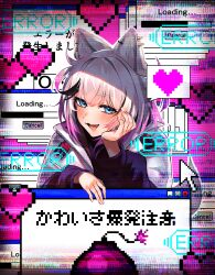  1girl :d absurdres animal_ear_piercing animal_ears black_hair black_jacket blue_eyes blush bomb commentary_request cursor dog_ears dog_girl dog_tail explosive fangs glitch grey_hair hand_on_own_cheek hand_on_own_face heart highres jacket kmnz long_sleeves looking_at_viewer mob_hz multicolored_hair multicolored_jacket open_clothes open_jacket puffy_long_sleeves puffy_sleeves smile solo spoken_heart tail tina_(kmnz) translation_request two-tone_hair two-tone_jacket white_jacket 
