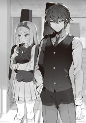  1boy 1girl bag blurry blurry_background bow bowtie breasts ceiling closed_mouth collared_shirt cowboy_shot expressionless greyscale haguro_jun hair_between_eyes hair_bow hand_in_pocket highres holding holding_bag indoors itan_na_karera_no_kimitsu_kyoshitsu long_hair long_sleeves miniskirt monochrome nauribon necktie non-web_source novel_illustration official_art pants parted_bangs pillar pleated_skirt sakuragahira_aoba school_uniform shirt short_hair sidelocks skirt small_breasts socks standing tsurime vest 