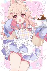  1girl ahoge animal_ears apron blue_bow bow braid cup dress frilled_apron frilled_dress frills gingham_apron hair_bow hair_ornament heart heart_apron heart_hair_ornament highres holding holding_plate jacket jersey_maid long_hair maid multicolored_jacket n4391 name_tag open_mouth phase_connect pink_eyes pink_hair pipkin_pippa plate rabbit_ears rabbit_girl rabbit_hair_ornament red_bow shorts_under_dress sleeves_past_fingers sleeves_past_wrists solo sweat twin_braids unconventional_maid virtual_youtuber 