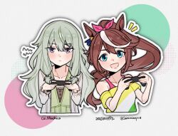  2girls animal animal_ears bare_shoulders blue_eyes bow breasts brown_hair buttons camisole cardigan casual collarbone commentary_request dated ear_ornament earrings green_cardigan green_hair hair_between_eyes hair_flaps handheld_game_console highres holding holding_handheld_game_console horse_ears horse_girl jewelry kusanagi_nene lace-trimmed_camisole lace_trim layered_clothes long_hair low-tied_long_hair multicolored_hair multiple_girls navel off-shoulder_shirt off_shoulder open_clothes open_mouth pink_bow pink_sports_bra playing_games ponytail project_sekai saitou_machiko saramiao-chan shirt short_sleeves small_breasts smile sports_bra streaked_hair striped_clothes striped_shirt tokai_teio_(casual)_(umamusume) tokai_teio_(umamusume) translation_request twitter_username umamusume upper_body violet_eyes voice_actor_connection yellow_shirt 