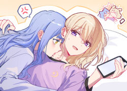  2girls animal_ears bang_dream! bang_dream!_it&#039;s_mygo!!!!! biting biting_neck blonde_hair blue_hair blue_shirt cat_ears cat_girl cellphone commentary dog_ears dog_girl heart highres holding holding_phone kemonomimi_mode licking licking_another&#039;s_neck long_hair misumi_uika multiple_girls open_mouth pajamas phone purple_shirt shirt sidelocks smartphone spoken_heart togawa_sakiko usamin_(megumikira) violet_eyes yellow_eyes yuri 