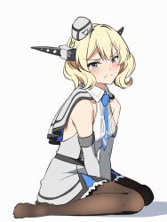  1girl baasaku_(balasaku24) black_pantyhose blonde_hair blue_eyes blue_necktie braid capelet colorado_(kancolle) dress elbow_gloves garrison_cap gloves grey_capelet grey_dress grey_gloves grey_hat hat headgear highres kantai_collection necktie pantyhose shirt short_hair side_braids sideless_shirt simple_background sitting sleeveless sleeveless_shirt solo v_arms wariza white_background white_shirt 