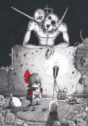  1girl ballpoint_pen_(medium) battery bow capelet chibi creature crosshatching dot_nose drawing_(object) extra_eyes greyscale hair_bow hatching_(texture) highres holding holding_drawing horror_(theme) light_bulb monochrome original pen_(medium) red_bow red_capelet rug sack shadow solid_circle_eyes spot_color staff teeth traditional_media yatara 