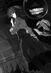  1girl 1other blurry ceiling clenched_hand closed_mouth from_below from_side greyscale hair_between_eyes hand_up highres hydrangea_(nanoka_no_kuigami) indoors lips long_hair looking_at_viewer monochrome nanoka_no_kuigami nauribon non-web_source novel_illustration official_art pantyhose pleated_skirt pov pov_hands shirt sidelocks skirt smile standing tareme teeth three-quarter_sleeves very_long_hair 