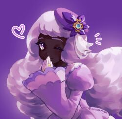  1girl covering_own_mouth dark-skinned_female dark_skin dress fascinator gloves gold_ring hand_over_own_mouth hand_to_own_mouth hand_up heart highres ineffableineffa jacinthe_(pokemon) juliet_sleeves long_hair long_sleeves looking_at_viewer low_drills mega_stone notice_lines one_eye_closed pokemon pokemon_legends:_z-a puffy_sleeves purple_dress purple_gloves purple_hair smile solo upper_body very_dark_skin violet_eyes 
