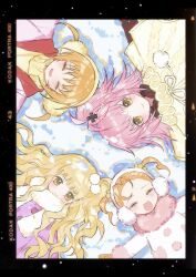  4girls :d ^_^ absurdres black_border blonde_hair border closed_eyes commentary earmuffs facing_viewer hair_ornament highres hinamori_ami hinamori_amu looking_at_viewer lying mashiro_rima multiple_girls on_back orange_hair pink_hair pom_pom_(clothes) pom_pom_hair_ornament shugo_chara! siblings sisters smile x_hair_ornament yellow_eyes yuiki_yaya zhangchuyelvsususu 