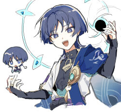  1boy black_bodysuit black_bow black_bridal_gauntlets black_hair blue_gemstone blue_halo blue_kimono blue_sleeves blunt_ends bodysuit bow bridal_gauntlets bright_pupils chibi chibi_inset cropped_torso crossed_arms eyeliner eyeshadow feathers furisode gem genshin_impact gold gold_ring halo halo_behind_head hand_up japanese_clothes juban kimono layered_sleeves looking_at_viewer makeup male_focus mandarin_collar middle_ring multicolored_hair open_clothes open_hands open_kimono open_mouth pom_pom_(clothes) puff_of_air purple_hair red_eyeliner red_eyeshadow scaramouche_(genshin_impact) short_sleeves shoulder_peek sketch solo streaked_hair teeth tongue tsurime upper_teeth_only violet_eyes vortex wamin wanderer_(genshin_impact) white_background white_hair white_kimono white_pupils white_sleeves wispy_bangs yellow_feathers 