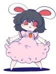  1girl animal_ears barefoot black_hair blush carrot_necklace chahan_(fried_rice0614) chibi dress frilled_sleeves frills full_body highres inaba_tewi jewelry looking_at_viewer necklace open_mouth pink_dress pink_shirt pink_skirt puffy_short_sleeves puffy_sleeves rabbit_ears rabbit_girl rabbit_tail red_eyes ribbon-trimmed_dress ribbon-trimmed_skirt ribbon_trim shadow shirt short_hair short_sleeves simple_background skirt solo spread_fingers standing tail teeth touhou upper_teeth_only white_background 