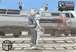  1girl blue_archive firing grand_theft_auto:_san_andreas machine_pistol medium_hair multiple_boys parody seed_(zenless_zone_zero) short_hair submachine_gun train wise_(zenless_zone_zero) 