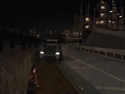  1girl absurdres black_hair bridge building car city city_lights expressionless factory grass highres jacket kneeling lamppost motor_vehicle night notfuji original outdoors red_jacket road scenery sky tall_grass 