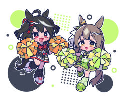  1girl ahoge animal_ears black_circle black_hair black_jacket black_shirt black_skirt black_socks blush blush_stickers bow braid brown_eyes brown_hair cheerleader chibi chibi_only double-parted_bangs ear_ornament ear_ribbon genkai_made_pom_pon!! green_circle green_jacket green_skirt green_socks hair_between_eyes hair_ornament half_up_braid holding holding_pom_poms horse_ears horse_girl horse_tail jacket kitasan_black_(umamusume) long_hair looking_at_viewer loose_socks multicolored_hair open_clothes open_jacket open_mouth patterned_background pom_pom_(cheerleading) red_bow red_eyes satono_diamond_(umamusume) shirt shoes short_hair simple_background skirt smile socks solo streaked_hair tail umamusume very_long_hair white_hair wtnkkon yellow_bow 