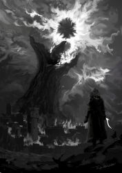  1other artist_name burning city commentary_request elden_ring gloves greyscale highres holding holding_sword holding_weapon long_hair long_sleeves monochrome standing sword tagme tree tripdancer weapon 