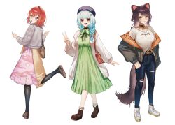  3girls :3 :d ange_katrina ange_katrina_(5th_costume) animal_ears animal_print ankle_boots bag belt beret bird_print black_choker black_pantyhose blue_eyes blue_hair blue_pants blush bobby_socks boots braid breasts brown_bag brown_belt brown_boots brown_hair brown_ribbon brown_shoes brown_skirt brown_tail cable_knit cardigan choker closed_mouth collarbone collared_dress commentary_request cosplay costume_switch crossed_bangs denim dog_ears dog_girl dog_tail doidamon dress empire_waist eyelashes flower from_behind full_body gradient_hair green_dress grey_cardigan grey_jacket group_costume_switch group_picture hair_between_eyes hair_flower hair_ornament hair_over_shoulder hairpin hand_up hands_up hat hat_ornament heterochromia highres inui_toko inui_toko_(cosplay) inui_toko_(fall_casual) jacket jeans layered_skirt leg_up lize_helesta lize_helesta_(5th_costume) lize_helesta_(cosplay) long_hair long_sleeves looking_at_viewer looking_back medium_breasts medium_dress medium_hair medium_skirt multicolored_eyes multicolored_hair multiple_girls multiple_hairpins neck_ribbon nijisanji off_shoulder open_cardigan open_clothes open_jacket open_mouth orange_jacket pants pantyhose pendant_choker pink_eyes pink_skirt print_skirt puffy_long_sleeves puffy_sleeves purple_hat red_eyes red_hair ribbon sanbaka_(nijisanji) shirt shirt_partially_tucked_in shoes shoulder_bag simple_background single_braid single_hair_intake skirt smile socks standing standing_on_one_leg t-shirt tail teeth tight_clothes tight_pants torn_clothes torn_jeans torn_pants turning_head two-sided_fabric two-sided_jacket two-tone_eyes upper_teeth_only v violet_eyes virtual_youtuber walking white_background white_boots white_cardigan white_hair white_shirt white_socks yellow_eyes 